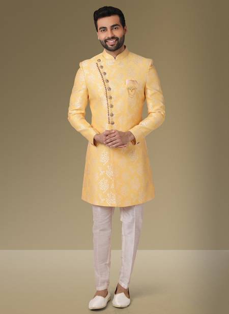 Yellow Colour Exclusive Traditional Wear Jacquard Banarasi Brocade Indo Western Mens New Collection 1121